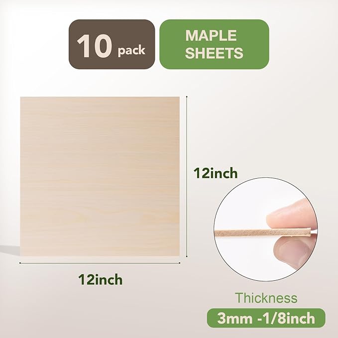 ROBOTIME 10-Pack 3mm Maple Plywood for Laser Cutting - 12 x 12 x 1/8 Inch - Laser Engraving Blanks