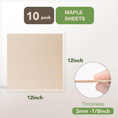 ROBOTIME 10-Pack 3mm Maple Plywood for Laser Cutting - 12 x 12 x 1/8 Inch - Laser Engraving Blanks
