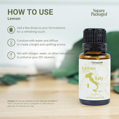 Nature Packaged Lemon Essential Oil - Direct from Citrusmade Southern Italy - Cold Pressed - Aceite de Limón for Aromatherapy, Massage, Diffuser, DIY Candle and Soap Making - 22lbs