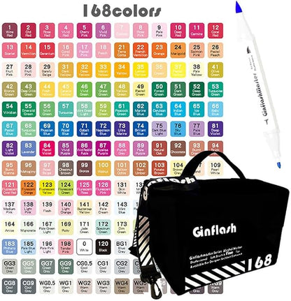 Ginflash Brush & Fine Tip Art Markers Pen Sketch Alcohol Based Markers Dual Tipped Manga Drawing Coloring Marker Art Supplies for Artist (168)