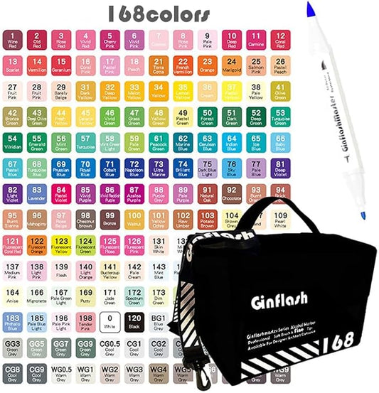 Ginflash Brush & Fine Tip Art Markers Pen Sketch Alcohol Based Markers Dual Tipped Manga Drawing Coloring Marker Art Supplies for Artist (168)