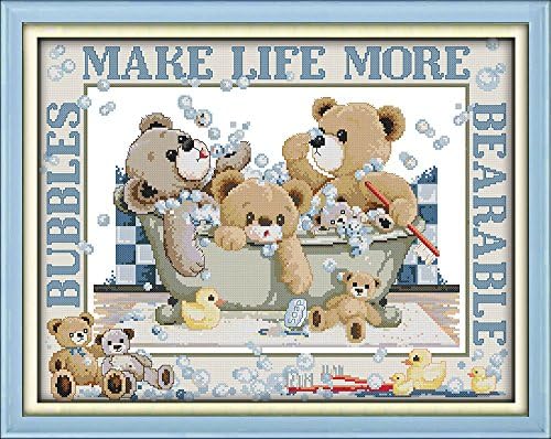 Howie's Needlepoint Cross Stitch Kits, 14CT Pre-Printed Pattern Needlepoint Kits, Full Range of Stamped Starter Kits(Bubble Bath Bears,20.08 x 16.4 inch) by HowiesNeedlepoint