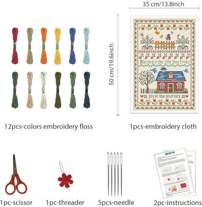 FREEBLOSS Cross Stitch Wall Hanging Kits Stamped Embroidery Starter Kits Pre Printed Stitches Practice Kit with Instructions for Beginners Cross Stitching Decor Joy in The Journey