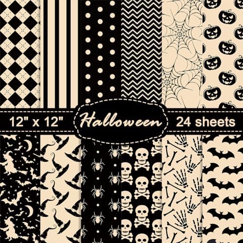 24 Sheets Halloween Pattern Paper Set, 11.8"x11.8" Scrapbooking Supplies Paper Spider Pumpkin Bat Plaid Stripe Dot Origami Paper - 12 Styles by sorkwo