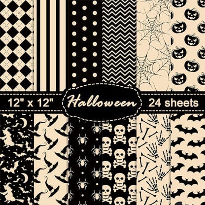 24 Sheets Halloween Pattern Paper Set, 11.8"x11.8" Scrapbooking Supplies Paper Spider Pumpkin Bat Plaid Stripe Dot Origami Paper - 12 Styles by sorkwo