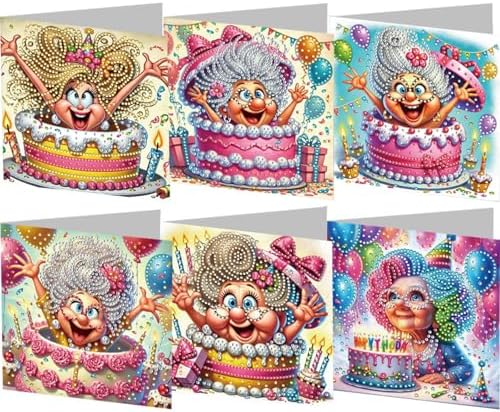 jinglinhh 6pcs Old Grandma Birthday Surprise Diamond Art Painting Greeting Cards with Envelopes, DIY Card Making Kits for Adults, Diamond Art Postcards Christmas Cards Craft Gifts by Unknown