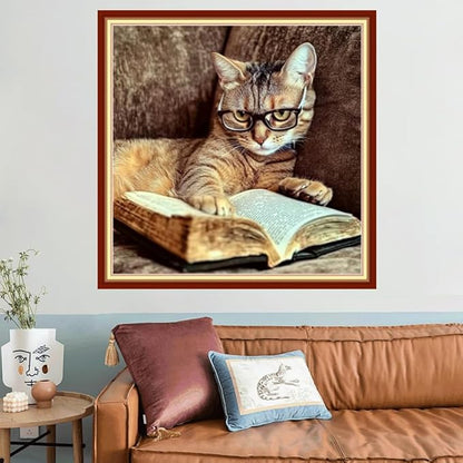Joyhoor Stamped Cross Stitch Kits for Beginners Needlepoint Kits for Adults Embroidery Kits 11CT Counted Cross Stitch Kits Printed Embroidery Pattern-Cat Reading 18x18 inchs