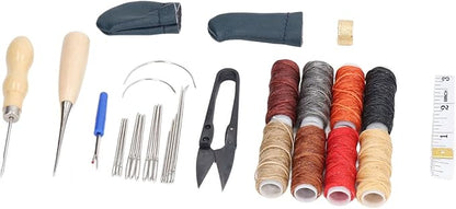 32Pcs Leather Craft Tools Kit, All in One Hand Sewing Kit for DIY Leather Goods Making, Stainless Steel Leather Working Tools with Wax Thread, Needles and Accessories for Beginners