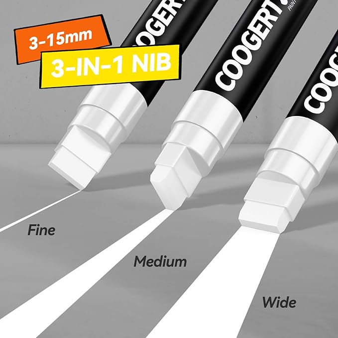 Coogert 3Pcs White Jumbo Poster Markers, 15MM Thick Permanent Acrylic Graffiti Markers, Wide Tip Paint Marker for Canvas, Posters Board, Fabric, Window, Glass, Wood, Teachers,Banner painting supplies