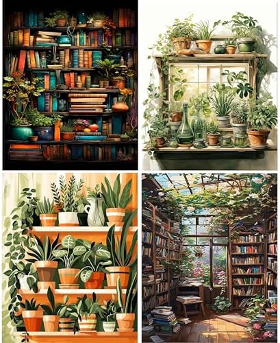 Hutarosl 4 Pack Paint by Numbers Kit for Adults Plant- Bookshelf Paint by Number Adult, Canvas Painting by Numbers for Adults Perfect for Gifts Home Wall Decor 12x16inch by Hutarosl