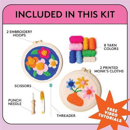 SPINNY Punch Needle Kit, Two Large Floral Designs w/ 2 Embroidery Hoops, Includes Beginner Video Tutorials and Instructions, Beginner Punch Stitch for Adults, Complete Kit for Crafters