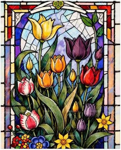 Floral Paint By Numbers Kit For Adults - Diy Stained Glass Tulips Painting On Canvas 16X20 Inches, Acrylic Paint Set, Suitable For Beginners, Wall Decor Art For Home Decoration Or Gifts， Unframed by Unknown