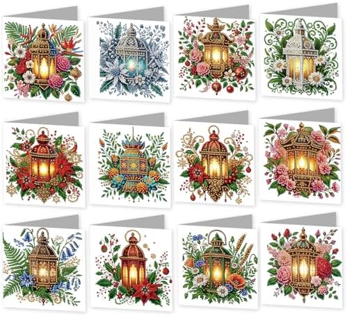 jinglinhh 12pcs Christmas Poinsettia Night Light Diamond Art Painting Greeting Cards with Envelopes, DIY Card Making Kits for Adults, Diamond Art Christmas Cards for Holiday Postcards Craft Gifts by Unknown