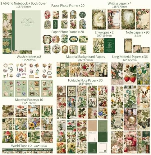 Scrapbooking Supplies Kit, Vintage Botanical Aesthetic Scrapbook Kit for Bullet Junk Journal, Stationery, A6 Grid Notebook, Flower DIY Journaling Supplies, Birthday Craft Gift for Women Craft Lover - Image 4