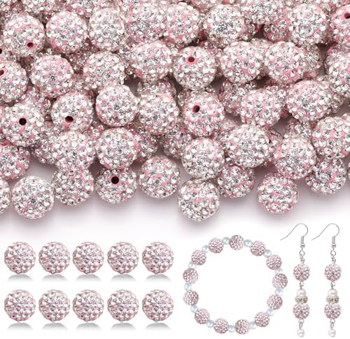 200pcs 10mm Rhinestone Beads for Jewelry Making, Pink White Shiny Round Disco Ball Beads Bulk, Sparkle Crystal Clay Christmas for Bracelet Baseball Necklace Earring Crafting and DIY by TINKRSTUFF