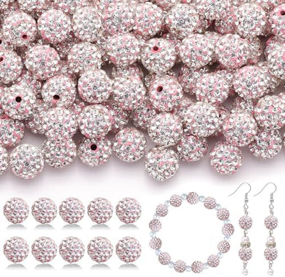 200pcs 10mm Rhinestone Beads for Jewelry Making, Pink White Shiny Round Disco Ball Beads Bulk, Sparkle Crystal Clay Christmas for Bracelet Baseball Necklace Earring Crafting and DIY by TINKRSTUFF