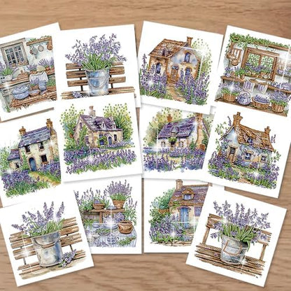 jinglinhh 12pcs Diamond Art Painting Lavender Flower House Bench Greeting Cards with Envelopes, DIY Card Making Kits for Adults, Diamond Art Postcards Christmas Cards Craft Gifts - Image 7