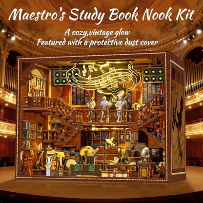 Book Nook Kit – 3D Wooden Puzzle with Interactive LED Lights, DIY Miniature Decor for Adults & Teens, Enchanting Storytelling Bookshelf Insert（Maestro's Study） - Image 5