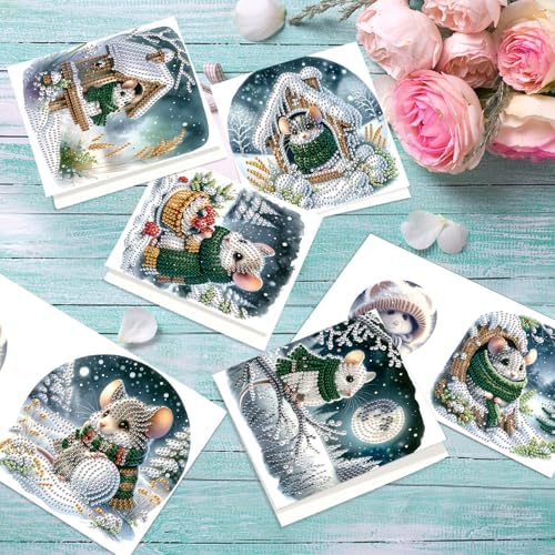 antor 6 Pack Christmas Diamond Art Cards with Envelopes, DIY Special Shaped Rhinestone Diamond Painting Greeting Card Kit, Winter Mouse Design for Adults Holiday Craft - Image 5