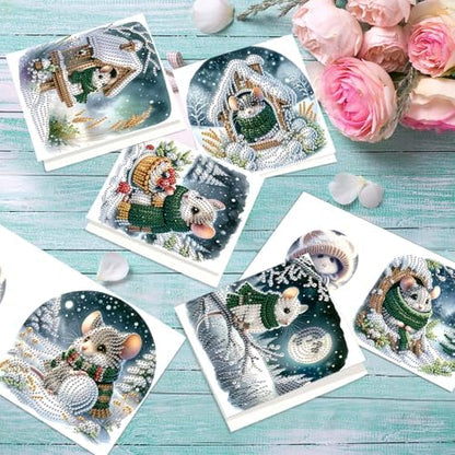 antor 6 Pack Christmas Diamond Art Cards with Envelopes, DIY Special Shaped Rhinestone Diamond Painting Greeting Card Kit, Winter Mouse Design for Adults Holiday Craft - Image 5