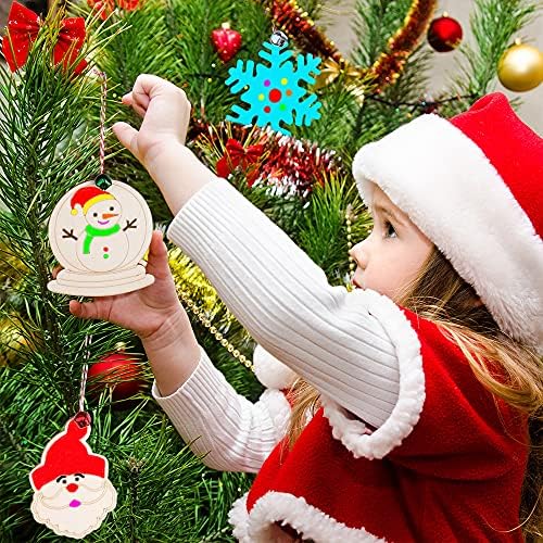 GUDELAK 60PCS DIY Wooden Christmas Ornaments, 12 Styles Christmas Crafts for Kids Adults with Ropes, 60 Bells and 12 Colored Pens, Unfinished Wood Ornaments Making Kit for Christmas Tree Decorations - Image 5