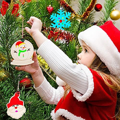 GUDELAK 60PCS DIY Wooden Christmas Ornaments, 12 Styles Christmas Crafts for Kids Adults with Ropes, 60 Bells and 12 Colored Pens, Unfinished Wood Ornaments Making Kit for Christmas Tree Decorations - Image 5