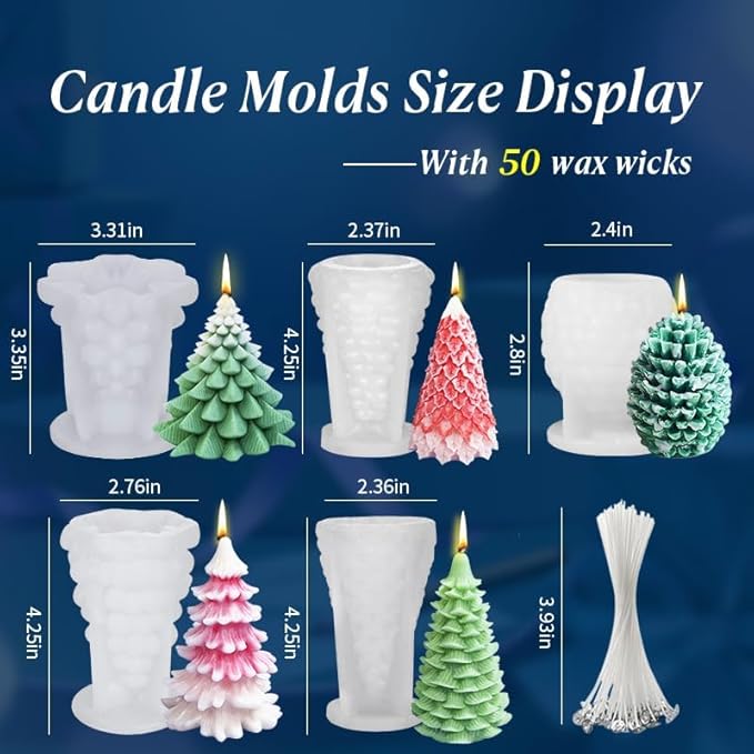 5 PCS 3D Christmas Tree Pine Cone Silicone Candle Soap Epoxy Resin Wax Mold Silicone Shapes Christmas Tree Mold For Candle Resin Soap Craft Cake Chocolate Making Kit Christmas Gift Decoration