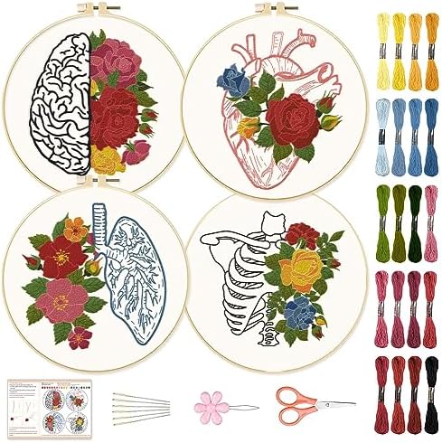 BEUNITONE 4 PCS Brain Embroidery Kit Heart Flower Cross Stitch Kit for Adults Halloween Embroidery Starter Kit Easy Needlepoint Kit for Beginners Inner DIY Embroidery kit with Instructions Home Decor by BEUNITONE