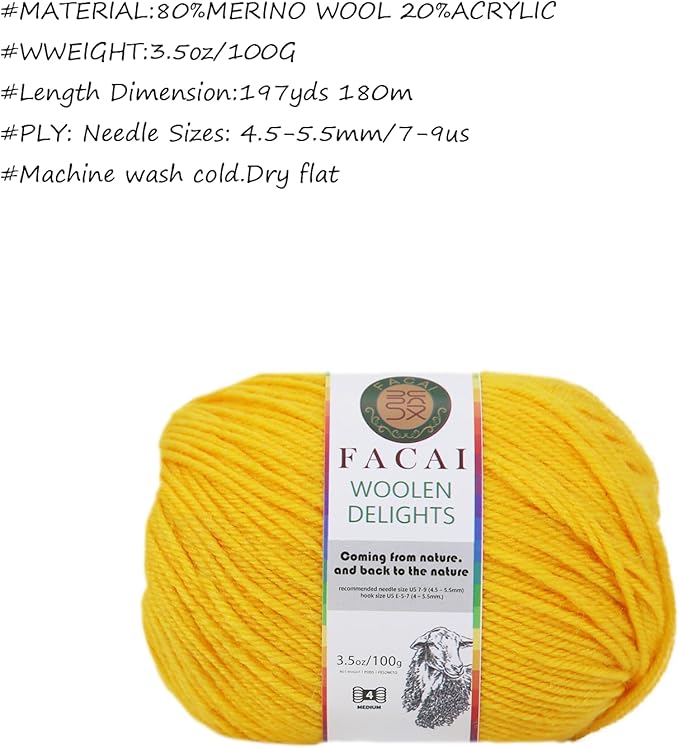 Facai Blend Merino Wool Yarn for Knitting - Worsted Weight,197yds (3.5oz) Ball, Ideal for Sweaters, Scarves, and Accessories (3, Yellow)