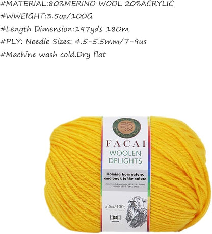 Facai Blend Merino Wool Yarn for Knitting - Worsted Weight,197yds (3.5oz) Ball, Ideal for Sweaters, Scarves, and Accessories (1, Yellow)