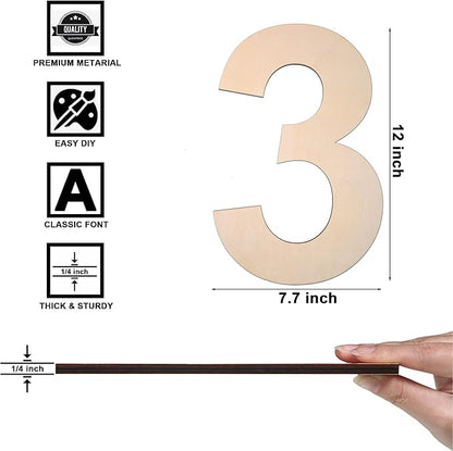 12 Inch Wooden Number 3, 1/4 Inch Thick Large Unfinished Wood Letter for DIY Crafts Home Wall Decor
