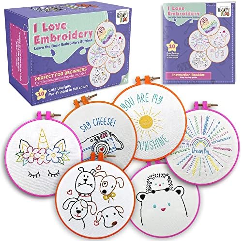 Embroidery Kit for Kids Ages 7-13 - 10 Pre-Stamped Beginner Patterns by Craftiloo