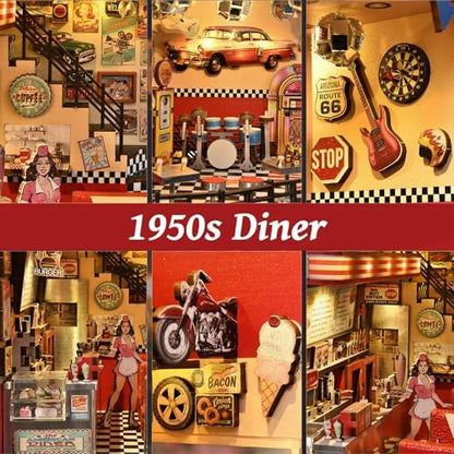 fifijoy Book Nook Kit - DIY Miniature House Dollhouse Kit for Adults and Teens, Booknook Retro Diner Bookshelf Decor 3D Wooden Puzzle with LED Light, Gifts for Family and Friends (1950s Diner) - Image 4