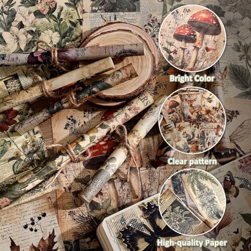 120 Sheets Vintage Botanical Scrapbook Paper Set, Journaling Scrapbooking Supplies Craft Decoupage Papers Kit, 4 Themes x 30 Mushroom Floral Antique Letter Design for Junk Journals Collage Card Making - Image 4