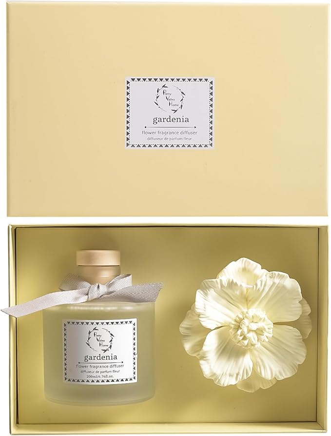 Pretty Valley Home Reed Diffuser Sets, 6.76 Fl. Oz / 200ML Ceramic Diffuser Flower Gift Box, Home Reed Diffuser for Bathroom Office Bathroom Living Room Decor (Gardenia Yellow)
