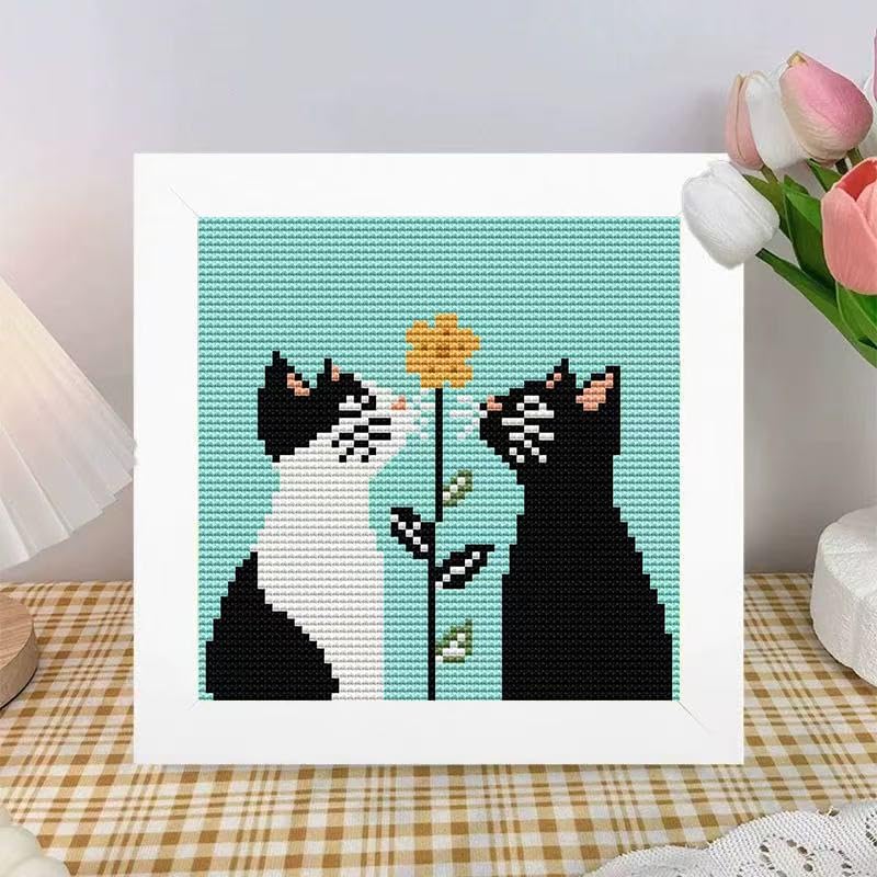 Tiwabb Cat Flower Stamped Cross Stitch Kits for Adults Beginners with Frame - Image 2
