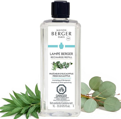Maison Berger Fresh Eucalyptus Lampe Berger Refill, 1 Liter (33.8 fl oz), 2-in-1 Catalytic System, Neutralizes Odors and Diffuses Fragrance, Citrus, Green Notes, Lavender, Eucalyptus, Made in France