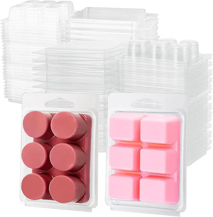 RHBLME 200 Pack Wax Melt Containers, 6-Cavity Clear Plastic Wax Melt Molds - Square & Round Shape Clamshells for Tarts & Candles