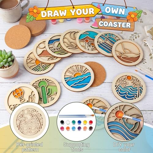 Dispowreath 12 Pcs Wooden Coasters Painting Kit Paint You Own Coaster Wooden Painting Craft Kit with Acrylic Paints and Brush for Adults and Beginners Coasters Landscape Crafts Art Supplies - Image 3