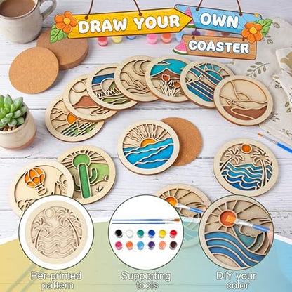 Dispowreath 12 Pcs Wooden Coasters Painting Kit Paint You Own Coaster Wooden Painting Craft Kit with Acrylic Paints and Brush for Adults and Beginners Coasters Landscape Crafts Art Supplies - Image 3