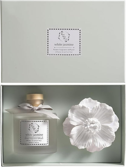 Pretty Valley Home Reed Diffuser Sets, 6.76 Fl. Oz / 200ML Ceramic Diffuser Flower Gift Box, Home Reed Diffuser for Bathroom Office Bathroom Living Room Decor (White Jasmine White)