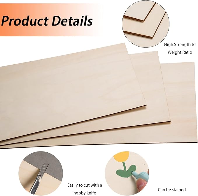 12 Pack Basswood Sheets for Crafts-12 x 20 x 1/8 Inch- 3mm Thick Plywood Sheets with Smooth Surfaces-Unfinished Rectangular Wood Boards for Laser Cutting, Wood Burning, Architectural Models, Staining