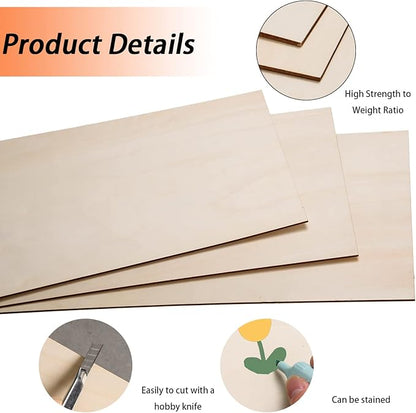 12 Pack Basswood Sheets for Crafts-12 x 24 x 1/8 Inch- 3mm Thick Plywood Sheets with Smooth Surfaces-Unfinished Rectangular Wood Boards for Laser Cutting, Wood Burning, Architectural Models, Staining