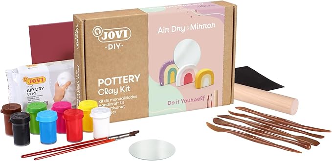 Jovi - DIY Air Dry Kit & Mirror - Pottery Kit for Adults, Making a Mirror Holder with White Air Dry Clay + Paints, Sculpting Tools, Step-by-Step Guide and Video Tutorial, Starter Set for Beginners