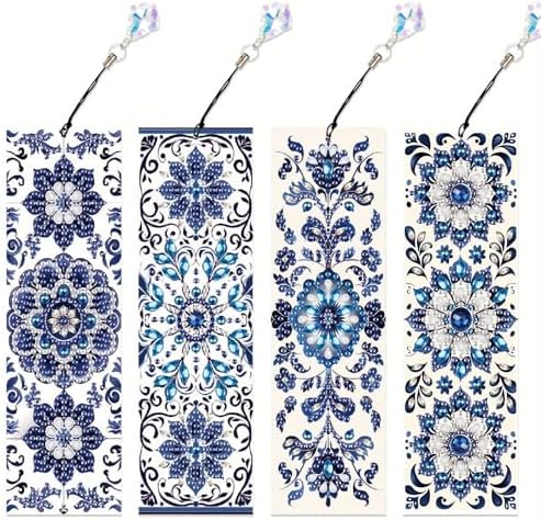 4pcs Diamond Art Bookmark Set - Blue and White Porcelain Pattern, Crystal Water Diamond Art Gift with Diamond Pendant, Suitable for Office, School Reading Enthusiasts, DIY Crafts Gifts, Birthday Gifts by MVVMTOP