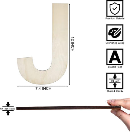 12 Inch Wooden Letter J, 1/4 Inch Thick Large Unfinished Wood Letter for Home Wall Decor, DIY Crafts