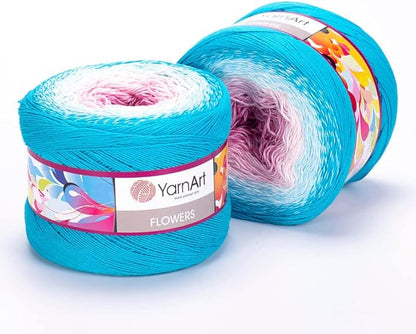 2 Skein/Pack Yarnart Flowers Gradient Yarn, Each Ball 8.8 Oz (250gr) / 1094 Yards (1000m), 55% Cotton 45% Acrylic, Superfine Fingering Weight for Knitting and Crochet, 294 - Turquoise Blue Purple