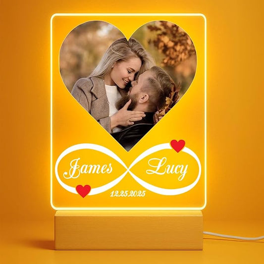 Personalized Photo Frame with Night Light, Custom Picture Frame with Photo, Acrylic Plaque Gift for Couple, Christmas Anniversary Birthday Gifts for Her Him Wife Husband (Heart 2)