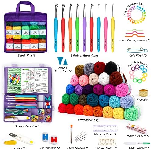 Inscraft Crochet Yarn Kit for Beginners Adults & Kids, Includes 1650 Yards 30 Colors Acrylic Skeins, Hooks, Purple Bag etc, Make Amigurumi & Crocheting Projects, Starter Set for Professionals - Image 2
