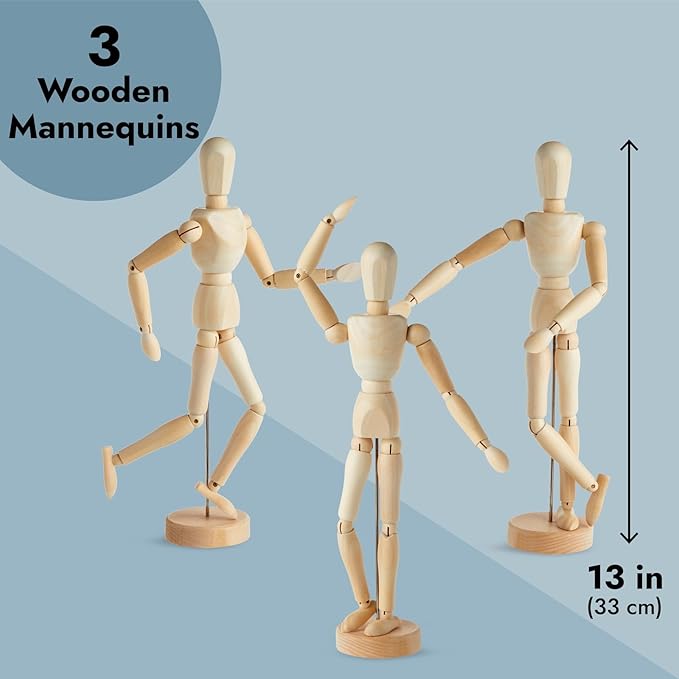 3 Pack Posable Art Figure Model, Flexible Wooden Drawing Mannequin for Artists, Sketching (13 in)
